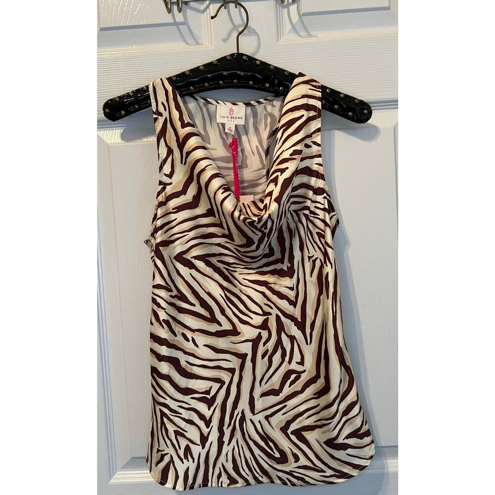 Julie Brown Zebra Print Brown Rizzo Cowl Neck Top sz 0